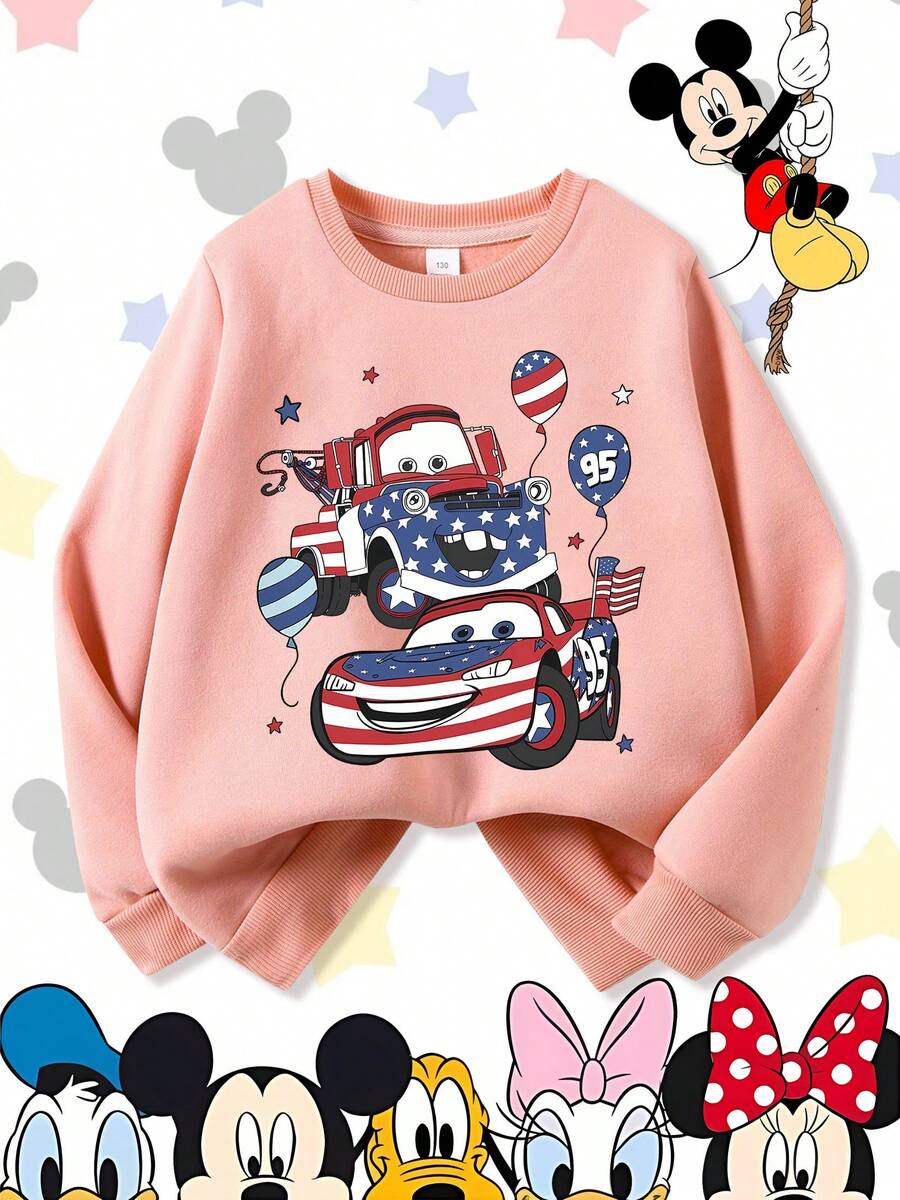 Disney Cars Lightning McQueen And Mater Patriotic USA Flag 4th Of July Comfortable Print Young Girls' Long Sleeve Sweatshirt, Suitable For Autumn/Winter, Lightweight And Cozy, Great For Layering In Fall, Fashionable Casual Wear, Graphic Design, Back To School Season, Autumn, Back To School Party, Suitable For Outdoor Picnic, Street Photography, Home, Campus, Holidays, New Year Gift - Pink - View 1