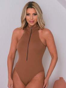 Women's Sleeveless Fashion Bodysuit With Zipper, Fitted Style, Simple And Versatile Design - màu nâu - Xem 11