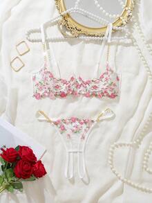 一套女士性感内衣，花卉薄纱刺绣蕾丝边饰金色链条，1/4罩杯开衩镂空设计可调节文胸和内裤，2件套 - 彩色 - 查看 4