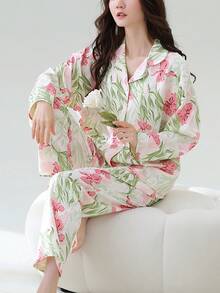 女士两件套开衫睡衣套装，长袖上衣和长裤，柔软舒适，适合春秋季穿着。 - 白色 - 查看 4