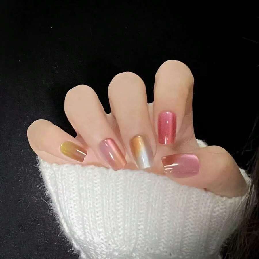 24pcs Rainbow Cat Eye Press On Nails - Holographic Shimmer Square Shape Fake Nails, Glossy Multi-Tone Magnetic Velvet Effect Nail Kit, Various Sizes Reusable Manicure Set For Women - 彩色 - 查看 1