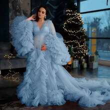 Elegant Maternity Dress Size XS S M L XL 2XL 3XL 4XL For Photoshoot Photography Mesh Fabric Knot Ruffle Hem Wedding Summer Fall Spring Winter Ruffles Long Sleeves Kimono Pregnant Gowns For Photoshoot Plus Size Gift For Valentine Day - 藍色 - 查看 2