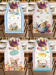 1pc Easter Table Runner, This Single Table Runner/Placemat Set Features Adorable Easter Bunny And Colorful Egg Basket Patterns, Made Of Washable Polyester Fabric With Scalloped Edge Trim, Durable For Easter Holiday, Spring Gatherings, Birthday Parties, And Family Events. Easter Home Decor, Easter Gift, Kitchen. - Multicolor - View 2