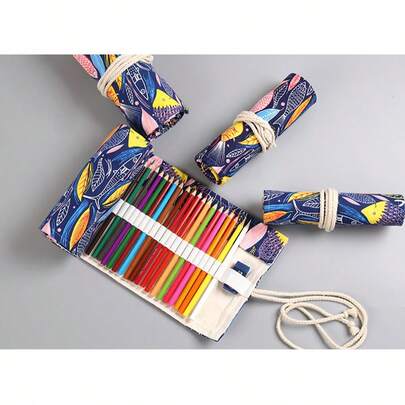 1个36格帆布彩色铅笔卷（46*20厘米）。藏蓝色背景，饰以鱼叶图案，艺术风格，手工亚麻铅笔盒，适合艺术学生，可用于收纳彩色铅笔和便携式绘画。