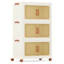 COSTWAY Collapsible Storage Bins With Lids, 3-Pack Stackable Plastic Storage Boxes With Wheels, Foldable Storage Containers Closet Organizer With Front Opening Doors, White - White - View 10