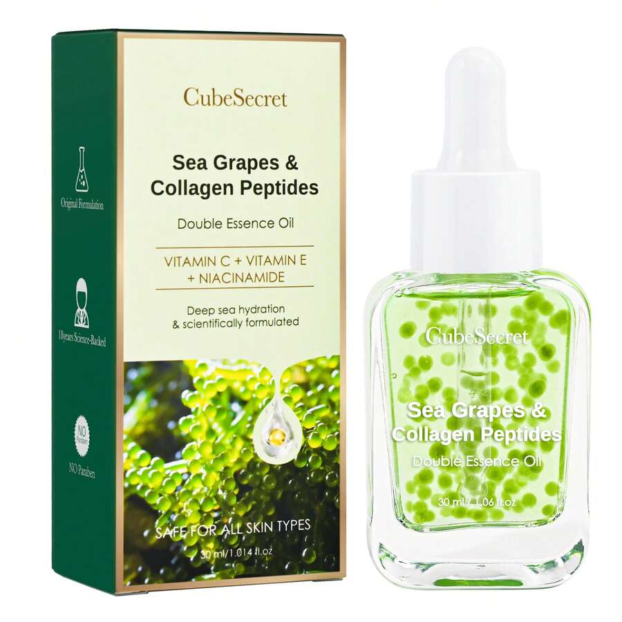 CubeSecret Sea Grapes & Collagen Peptides Double Essence Oil1.0 30ml - Original Formulation Face Serum With Vitamin C, Vitamin E & Niacinamide For Intense Deep Sea Hydration, Skin Nourishing & Firming, Brightening & Anti-Aging, Micro-Encapsulated Oil Particle Technology For Precise Nutrient Release, Hydrolyzed Collagen & Sodium Hyaluronate To Minimize Wrinkles & Fine Lines, Lightweight Dry Oil Moisturizer For All Skin Types, Paraben-Free & Science-Backed Skincare, Improves Skin Elasticity, Radiance And Contour, Controls Oil & Refines Texture, Use Daily After Cleansing For Plump & Smooth Skin. - Nho biển 1.0 - Xem 1