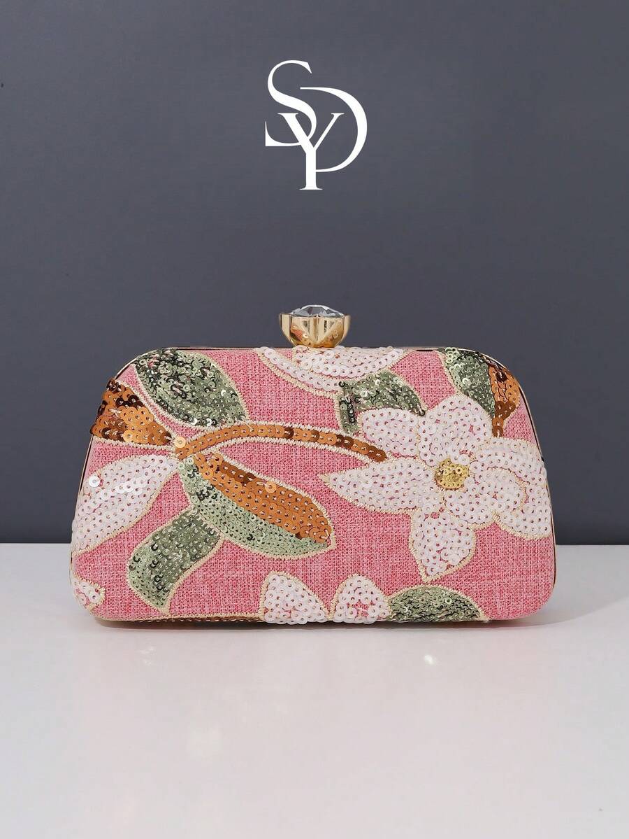1pc Fashionable Floral Pattern Women's Handbag, Vintage Shiny Sequin Embroidered Flower Chain Evening Bag, Suitable For Party Girls, Brides, Newlyweds, And Office Workers, Parties, Weddings, Mini Box Bag (Random Pattern) - Hot Pink - View 1