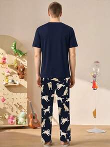 Men's Cute Dog Print Short Sleeve Top And Pants Pajama Set - Navy Blue - View 2