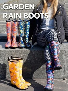 女士雨靴高筒花园靴可爱农场印花休闲园艺靴 - 黃色 - 查看 1