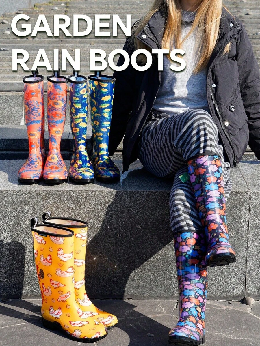 女士雨靴高筒花园靴可爱农场印花休闲园艺靴 - 黃色 - 查看 1