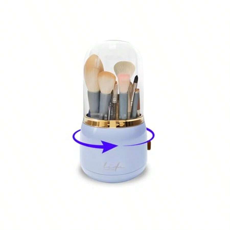 Soporte giratorio para brochas de maquillaje con cubierta transparente, 7 ranuras, organizador a prueba de polvo para exhibición y almacenamiento ordenado - Morado - Ver 1