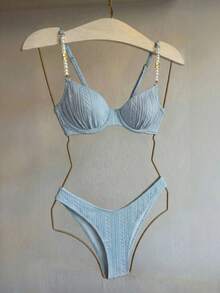 Bikinx Women's Elegant Textured Bikini Set With Pearl Spaghetti Straps And High Stretch Fabric - Baby Blue - View 1