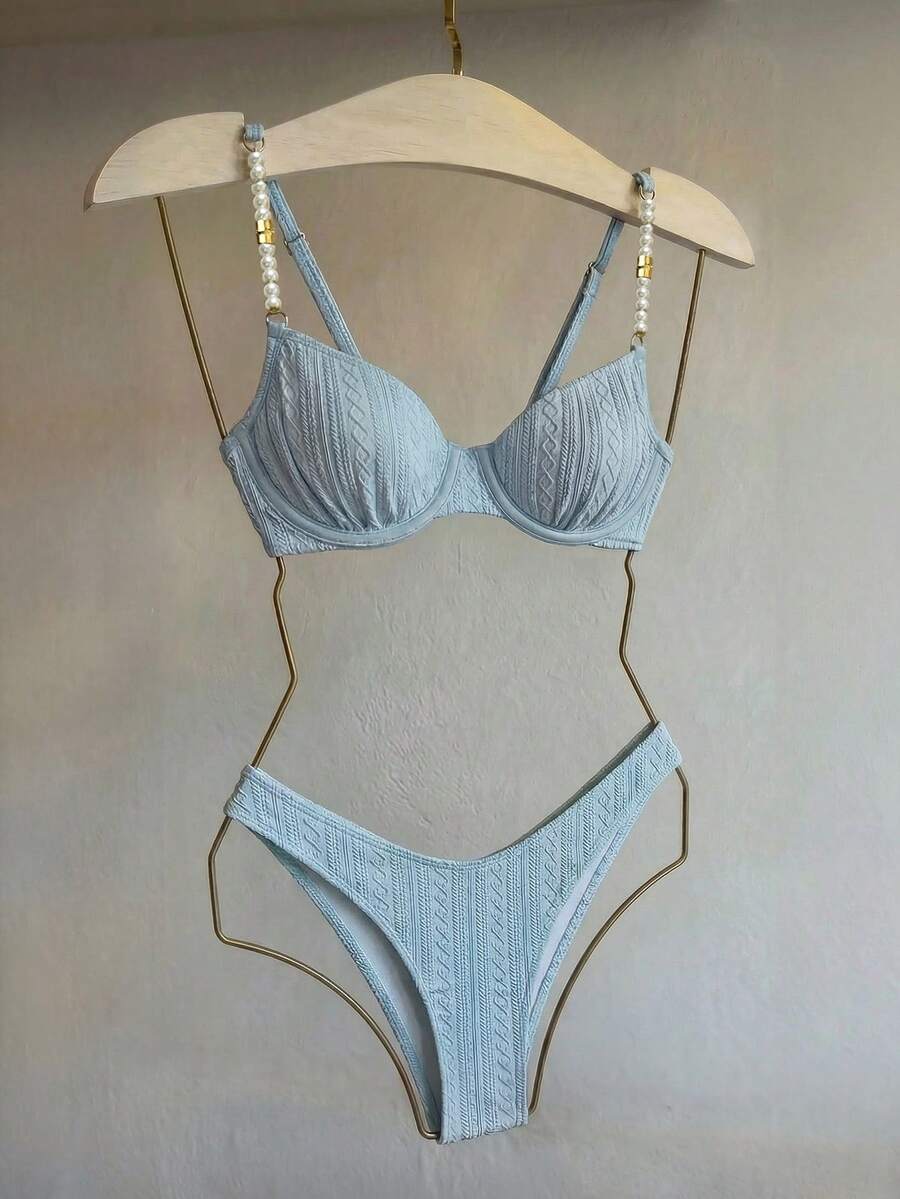 Bikinx Women's Elegant Textured Bikini Set With Pearl Spaghetti Straps And High Stretch Fabric - Baby Blue - View 1