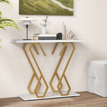  COSTWAY Faux Marble Console Table With Adjustable Foot Pads, White