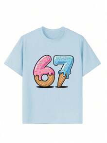 T-shirt imprimé << 67 » motif glace pour préadolescentes, en tissu doux et confortable, haut d'été à la mode, idéal au quotidien, pour un look streetwear ou pour l'école. - Bleu ciel - Voir 4