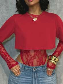 Women's Sexy Lace Patchwork T-Shirt, 2 In 1 Top, Solid Color Bodysuit, Suitable For Daily Wear, Dating, Singles Party, Stage Performance And Concerts, Spring/Summer Elegant - Red - View 4