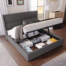 Upholstered Double Bed (160x200 Cm) With Adjustable Headrest. Hydraulic Bed Frame With Storage, Linen Upholstery, Metal Fittings. Grey (Mattress Not Included) - Grey - View 3