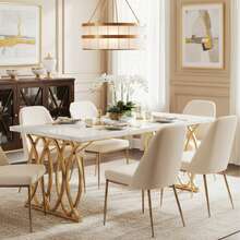 LITTLE TREE 63" Modern Rectangular Dining Table, 4-6 Seater Large Kitchen Table With Faux Marble Top & Geometric Legs, Kitchen Dining Room Furniture - White - View 9