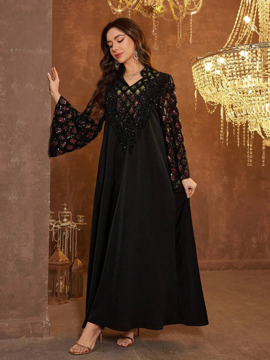 SUPGIR 女士立领长袖手工镶钻缎面晚礼服 - 黑色 - 查看 1