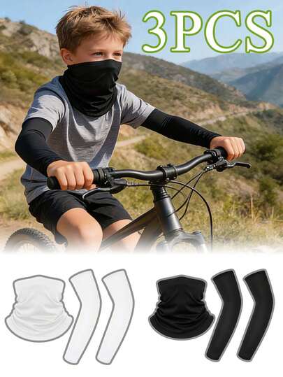 Set de 3 piezas Mascarilla facial de verano ligera para niños, Mangas para brazos de seda de hielo delgada, Braga para el cuello transpirable, Diadema mágica multifuncional, Mangas para brazos de protección UV para ciclismo al aire libre, Cubiertas de manga de seda de hielo para deportes, Adecuado para fútbol, voleibol, correr