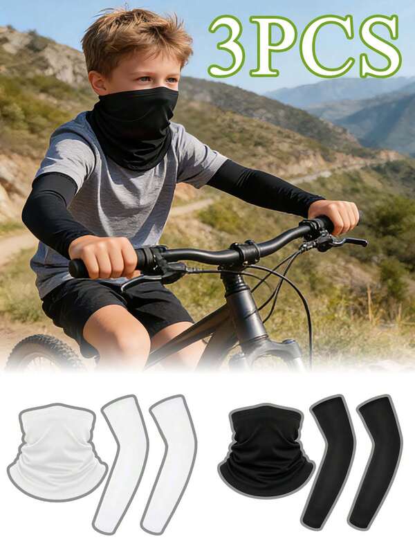 3pcs Kids Lightweight Summer Face Mask, Thin Ice Silk Arm Sleeves Set, Breathable Neck Gaiter, Multifunctional Magic Headband, UV Protection Outdoor Cycling Arm Sleeves, Sports Ice Silk Sleeve Covers, Suitable For Football, Volleyball, Running