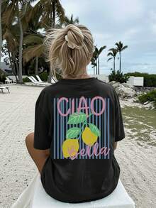 [Front And Back Print On Both Sides] Women's Spring Summer Clothing Pure Cotton Oversized T-Shirt - Black - View 3