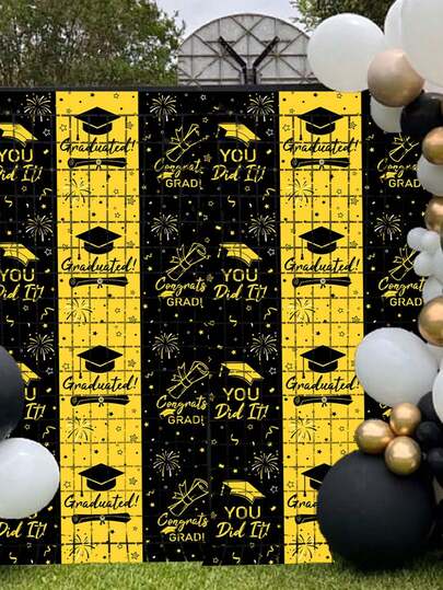 2026 Graduation Season Black Gold "Graduated" Theme Backdrop, Graduation Cap Certificate Party Photo Background Wall, Graduation Ceremony Decorative Banner, Student Graduation Party Supplies