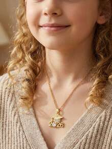 1pc 2026 Fashionable Graduation Cap Pendant Necklace, Stainless Steel Cubic Zirconia Necklace, Unisex Graduation Gift For Students, Friends - Gold - View 3