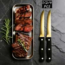 1/2/4件套不锈钢塑料柄牛排刀，适用于肉类、水果、蔬菜 - 金色 - 查看 5