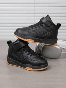 1 Pair Kids High-Top Breathable Casual Running Shoes, Easy On/Off, Lightweight & Comfortable, Fashionable Color Block Design, Suitable For Boys & Girls - Black - View 4