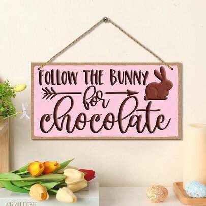 1pc Easter Wooden Decorations, Pink Easter Bunny Sign: Follow The Bunny For Chocolate, Spring Easter Wooden Home Decor, Suitable For Easter, Holiday Decoration, Home, And Party Wall Decoration