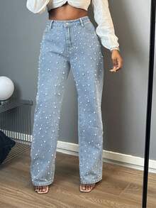 Women's Pearl Jeans, Distressed Denim Pants, High Waisted Straight Leg Pants - 淺色水洗藍 - 查看 7