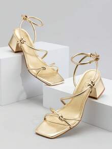 Athlefit Strappy Heels For Women Dressy Open Square Toe Heeled Sandals Low Chunky Block Heels Dress Shoes For Prom Wedding - 金色 - 查看 5