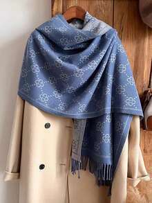 1pc Blue-Gray Autumn/Winter New Scarf For Women, Double-Sided Faux Cashmere, European & American Style Core Yarn High-End Scarf, Dual-Use Shawl - Blue - View 4