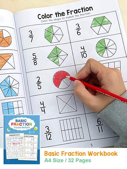 分数练习册，数学学习资料，数学认知教学辅助工具，文具奇幻书籍，适合作为学习奖励、节日或生日礼物、返校用品、文具、家庭和课堂分数学习用品、数学分数学习工具