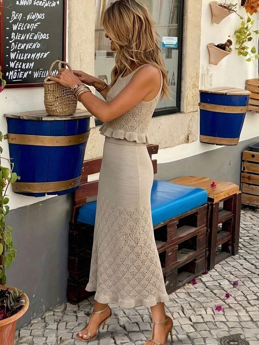 女士休闲优雅复古时尚性感纯色休闲优雅派对镂空荷叶边/荷叶边吊带镂空罩衫背心半身裙长款连衣裙沙滩度假日常约会夏季连衣裙春夏 - 卡其色 - 查看 1