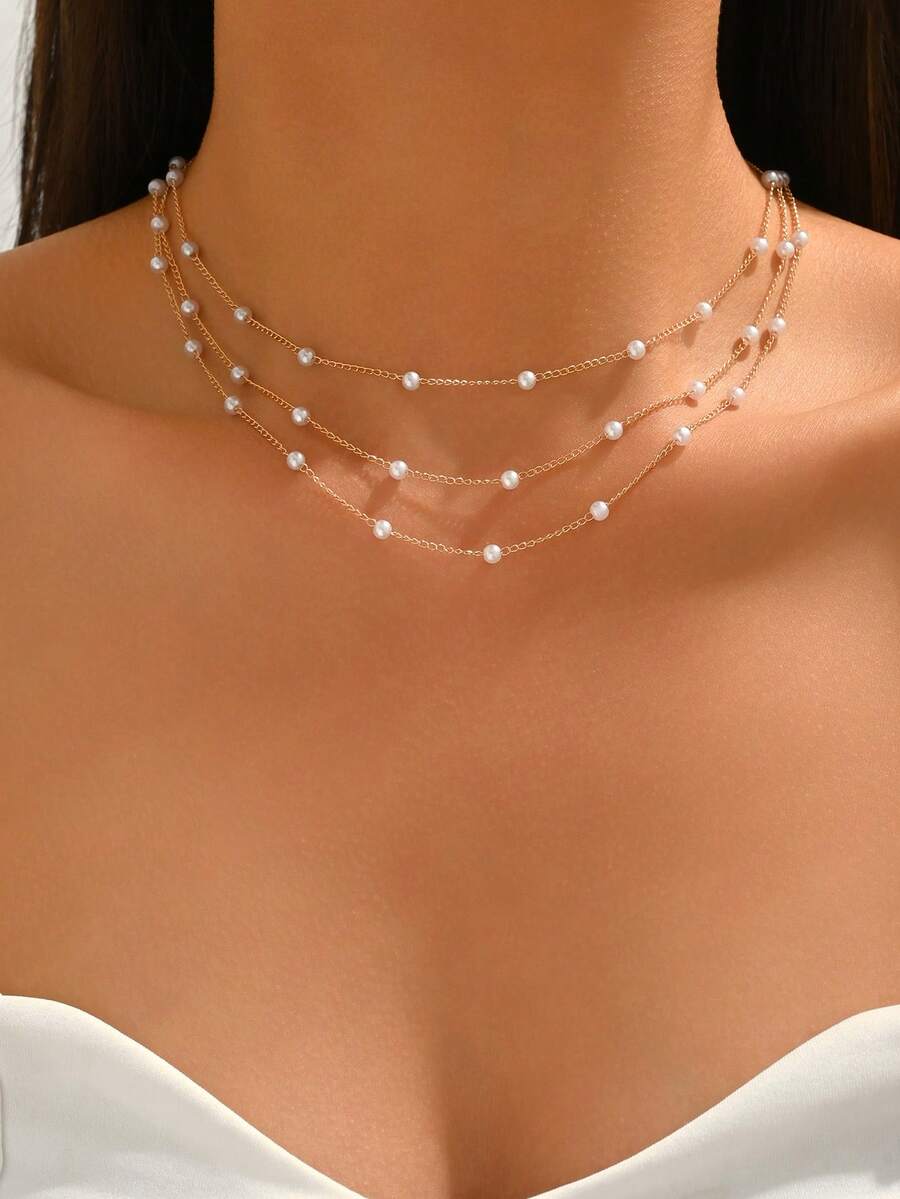 1pc Fashionable Minimalist Faux Pearl Layered Gold Chain Necklace, Suitable For Daily, Commute, Date, Beach, Vacation Wear, Valentine's Day, Birthday, Holiday Gift - Gold - View 1