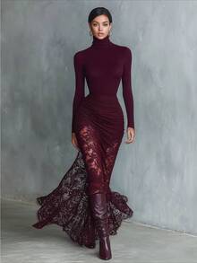 2026 European And American Foreign Trade Temperament Lace Long Dress Fashionable And Sexy Long-Sleeved Backless Slim Splicing Dress Women - 酒紅色 - 查看 5