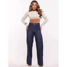 Calça Jeans Feminina Wide Leg Pantalona Escura cor jeans Cintura Alta 100% Algodão Premium - ESCURA - Visão 2