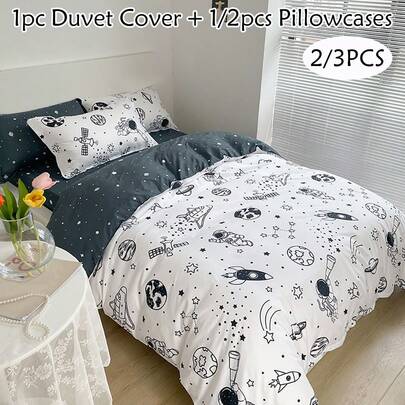 2/3pcs Black & White Rocket Space Pattern Duvet Cover Set, Cute Cartoon Polyester Bedding Set For Kids Room, Dorm, Suitable For All Seasons, Soft & Breathable, Machine Washable, Gift For Boys (1 Duvet Cover + 1/2 Pillowcase, No Filler)