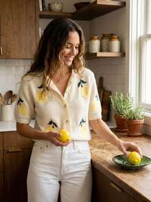 Women's Knit Crew Neck Short Sleeve Cardigan, Decorated With Buttons And Cute Lemon Embroidery, Fashionable Casual, Minimalist Versatile, Suitable For Spring/Summer Daily Commute - Yellow - View 2