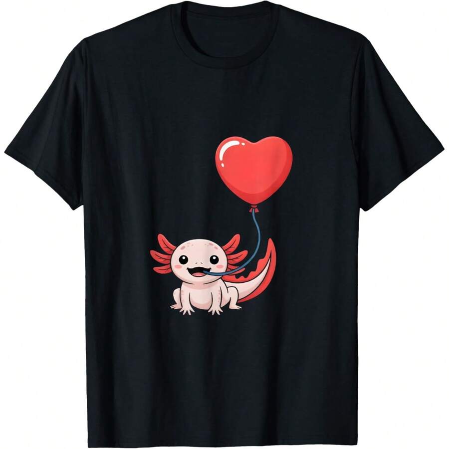 Funny Valentines Day Axolotl Balloon Heart Romantic Kawaii T-Shirt - màu đen - Xem 1