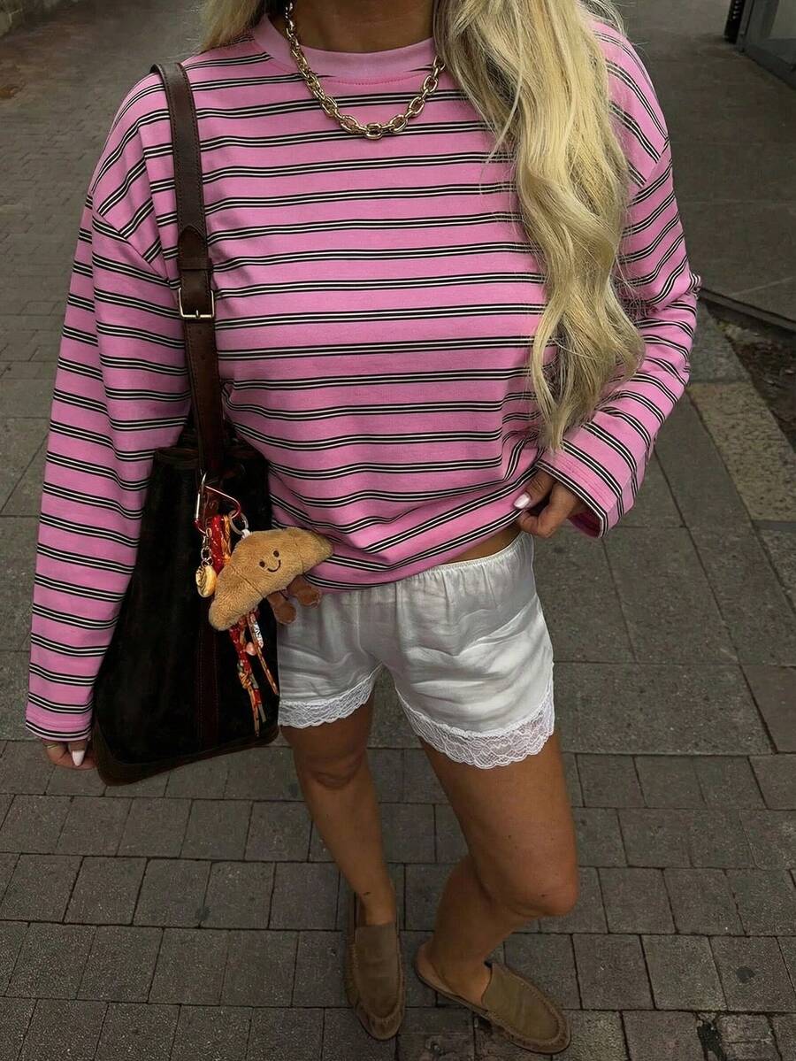 New Fashionable Elegant Round Neck Ribbed Long Sleeve Striped Knit Top Spring - Pink - View 1