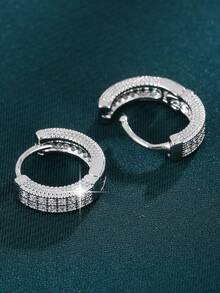 1对女士耳环，简约风格小众圆形耳环，镶嵌双排合成锆石，经典百搭优雅耳环 - 耳圈 - 查看 5