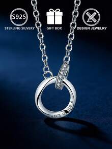 S925纯银双环情侣项链，黑白钻石可选，简约奢华设计，女友/情侣纪念礼物，日常百搭，礼盒包装 - 銀色 - 查看 2