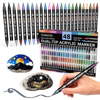FLYSEA 24 قطعة/48 لون من أقلام التلوين السوداء الحيوية، أقلام فرشاة ذات طرفين ولونين، مناسبة للرسم على الحجر والخشب والخط والقماش والسيراميك والمعدن والزجاج والرسم على الصخور والأشغال اليدوية والمستلزمات الفنية