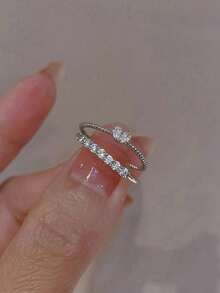 2pcs/Set Sparkling Heart Shaped Rings, Fashionable Luxury Niche Personalized Thin Band Rings, Elegant Stacking Rings For Women Wedding Party - Silver - View 11