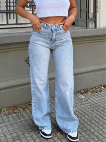 Women's Casual Denim Jeans (Waist Cinching And Hip Lifting - Small Size, Light Blue), Simple Style, Suitable For All Seasons, Loose Hem, Back Pocket Design, Suitable For Daily Wear - Light Blue - View 3