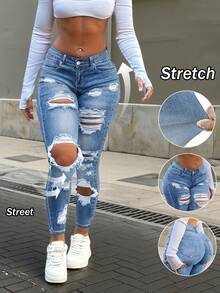 Women's Low-Rise Stretch Ripped Washed Skinny Jeans, Y2K Vintage Fashion Blue,2026 Spring And Summer, New Year And Valentine. - Medium Wash - View 1