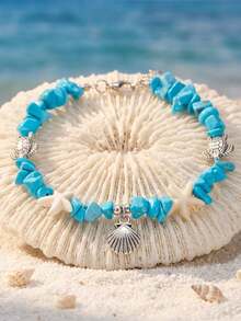 1件波西米亚风沙滩度假休闲贝壳、蓝宝石、海星、海龟脚链，适合派对、节日、送礼、日常佩戴 - 彩色 - 查看 2